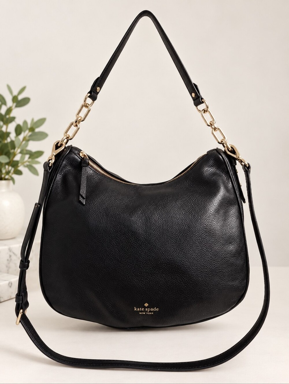 Kate Spade Pebbled Leather Convertible Hobo Bag Black EUC